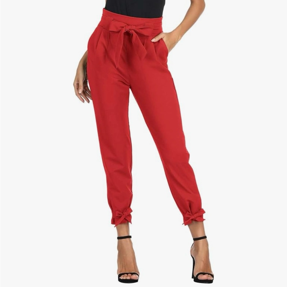 Grace Karin Red Relaxed-Fit Trousers with Tapered Legs